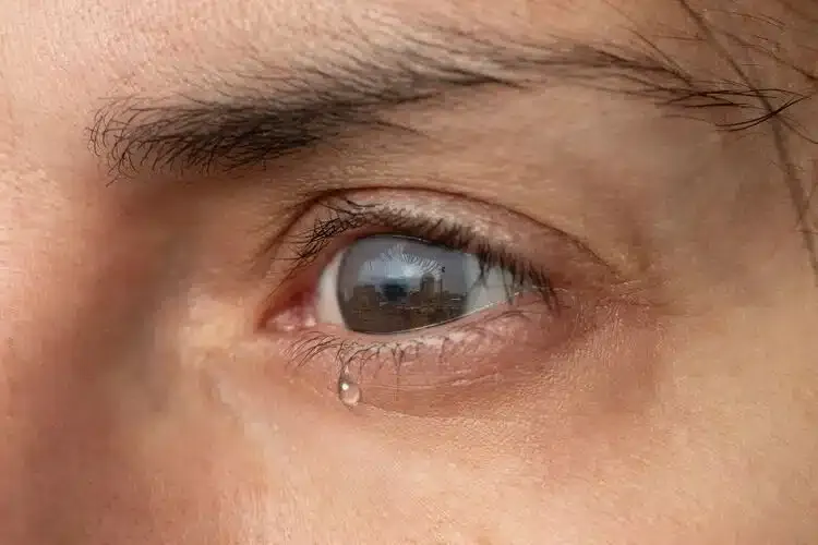 Œil qui pleure avec une larme, illustrant une gêne oculaire, une irritation ou une sécheresse des yeux